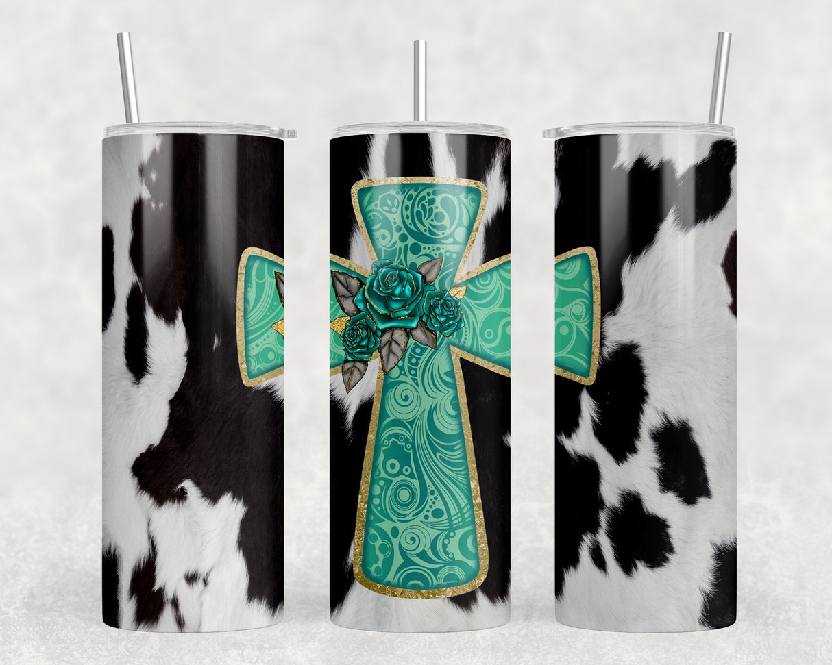 faux cowhide Western Cross|Skinny Tumbler|Optional Bluetooth Speaker| Speaker Color Varies by Rowdy Ridge Co