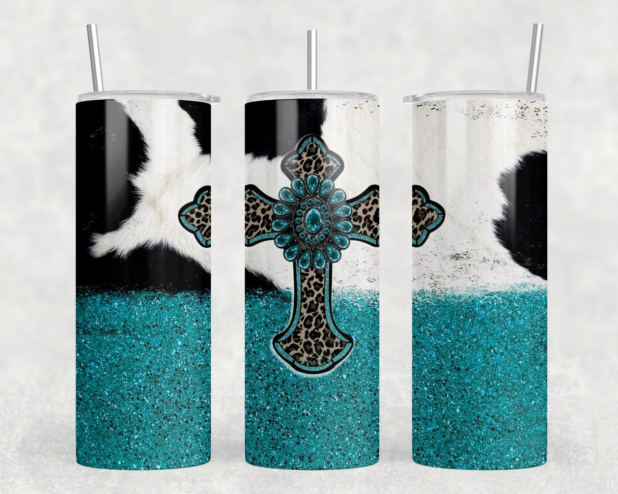 faux cowhide Western Cross|Skinny Tumbler|Optional Bluetooth Speaker| Speaker Color Varies by Rowdy Ridge Co