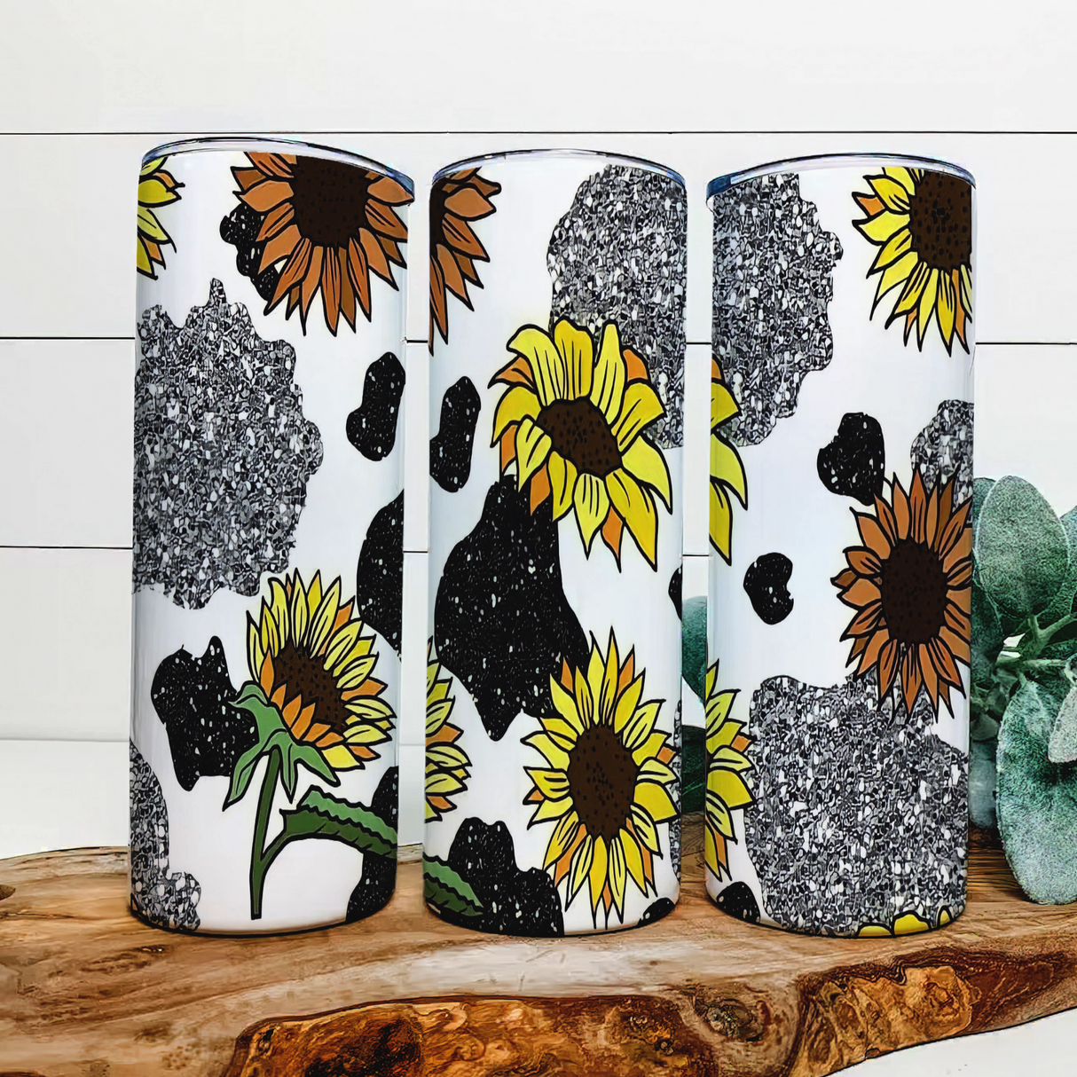 faux glitter Cow Print Sunflowers - 20 oz Steel Skinny Tumbler - Optional Blue Tooth Speaker - Speaker Color will Vary by Rowdy Ridge Co