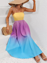 Color Block Tie Shoulder Smocked Maxi Dress by Faz