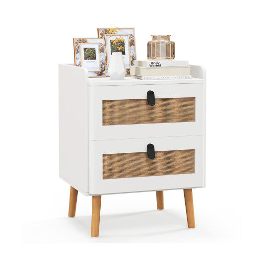 Modern End Table Bedside Table with 2 Rattan Decorated Drawers-White