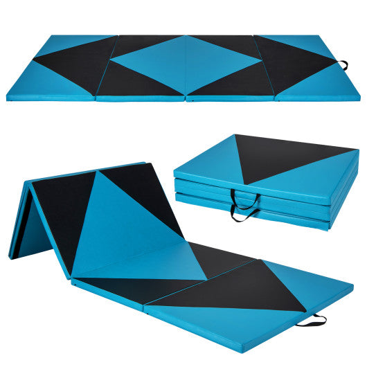 4-Panel PU Leather Folding Exercise Gym Mat with Hook and Loop Fasteners-Black & Turquoise