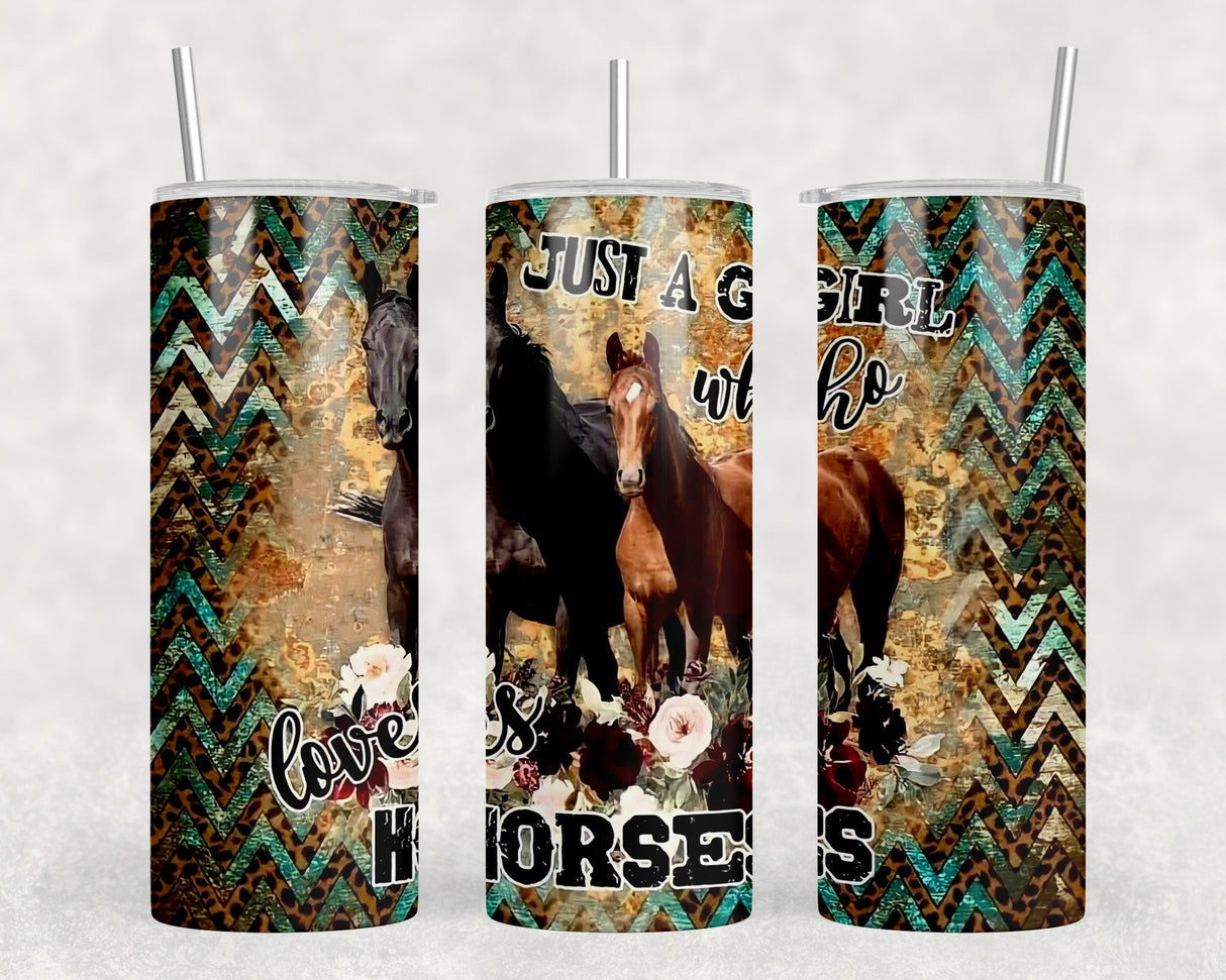 Girl Who Loves Horses - 20 oz Steel Skinny Tumbler - Optional Blue Tooth Speaker - Speaker Color will Vary by Rowdy Ridge Co