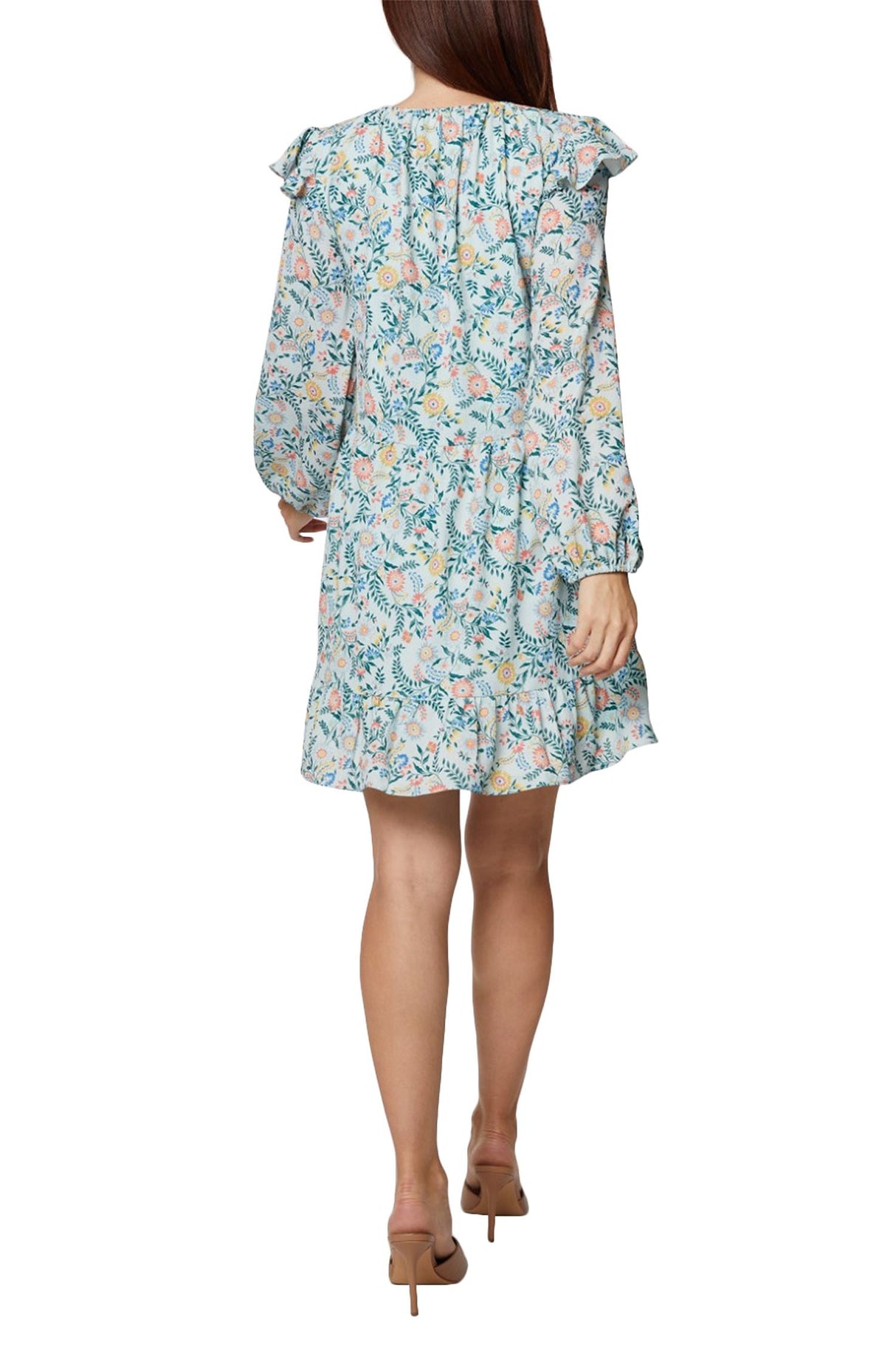 BCBG Generation Tie Neck Long Sleeve Ruffled Shoulder Multi Print Shift Crepe Dress by Curated Brands