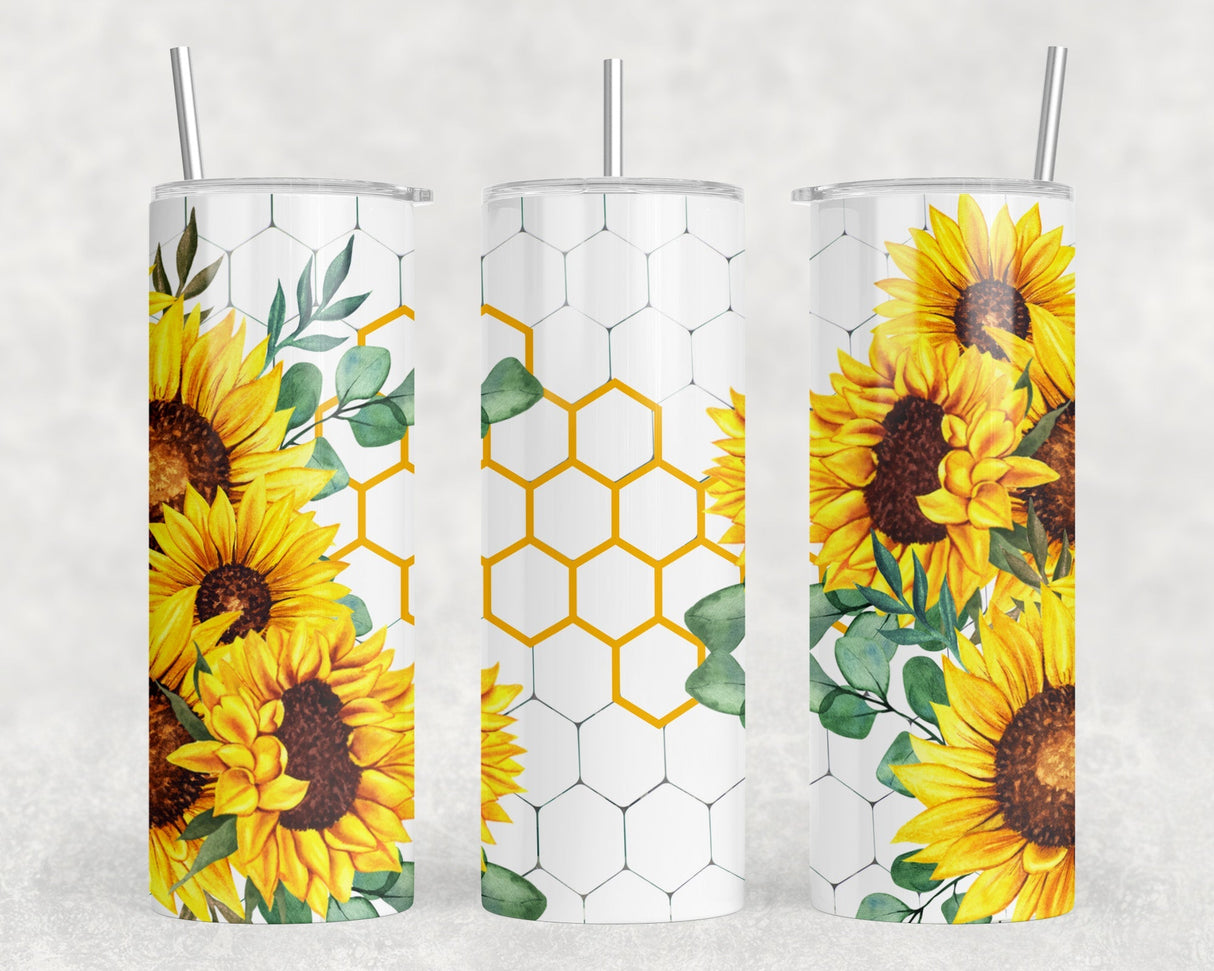 Honeycomb Sunflower - 20 oz Steel Skinny Tumbler - Optional Blue Tooth Speaker - Speaker Color will Vary by Rowdy Ridge Co