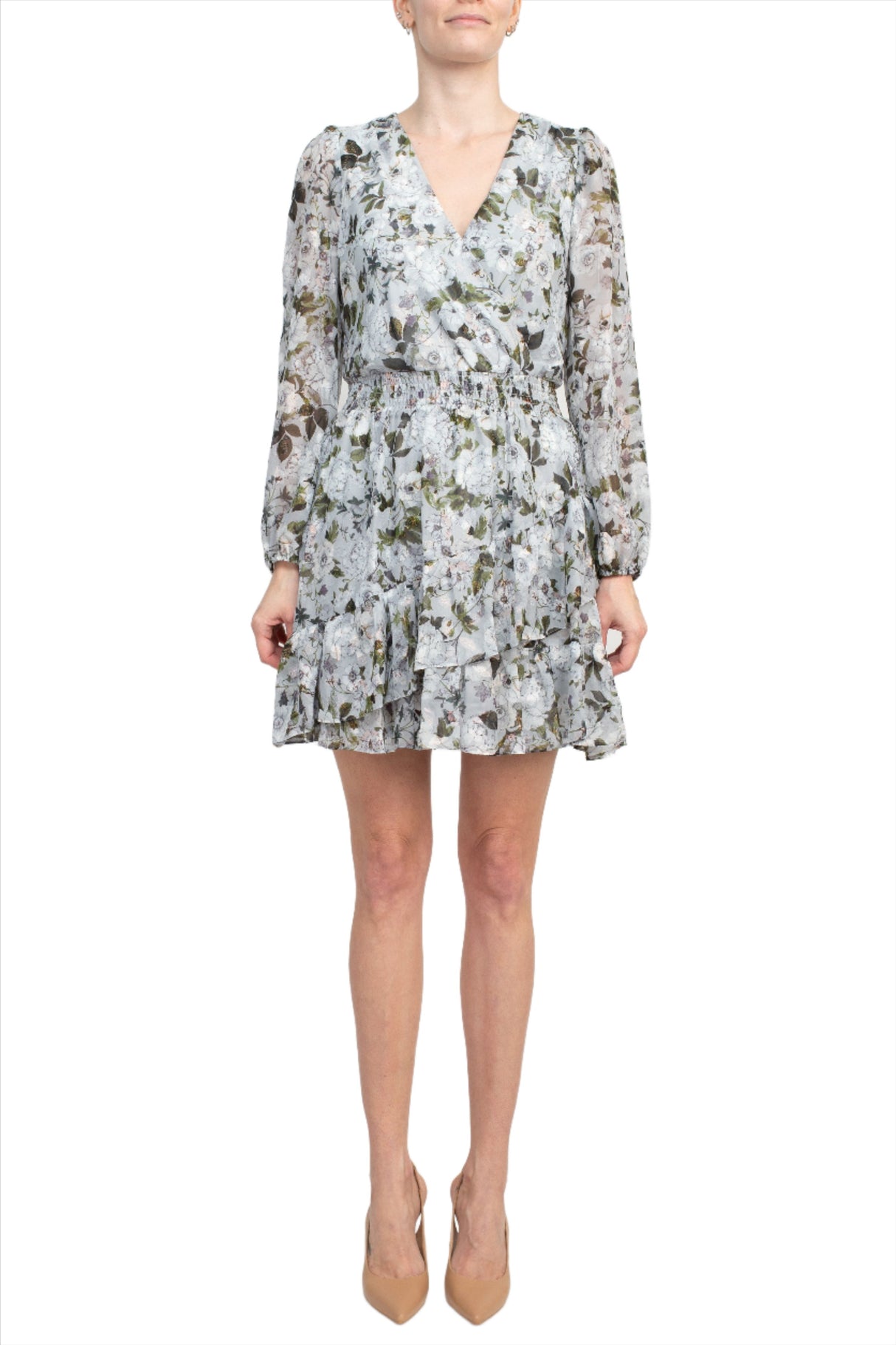 Laundry V-Neck Elastic Cuff Long Sleeve Elastic Waist Tiered Hem Floral Print Chiffon Dress by Curated Brands