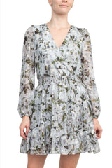 Laundry V-Neck Elastic Cuff Long Sleeve Elastic Waist Tiered Hem Floral Print Chiffon Dress by Curated Brands