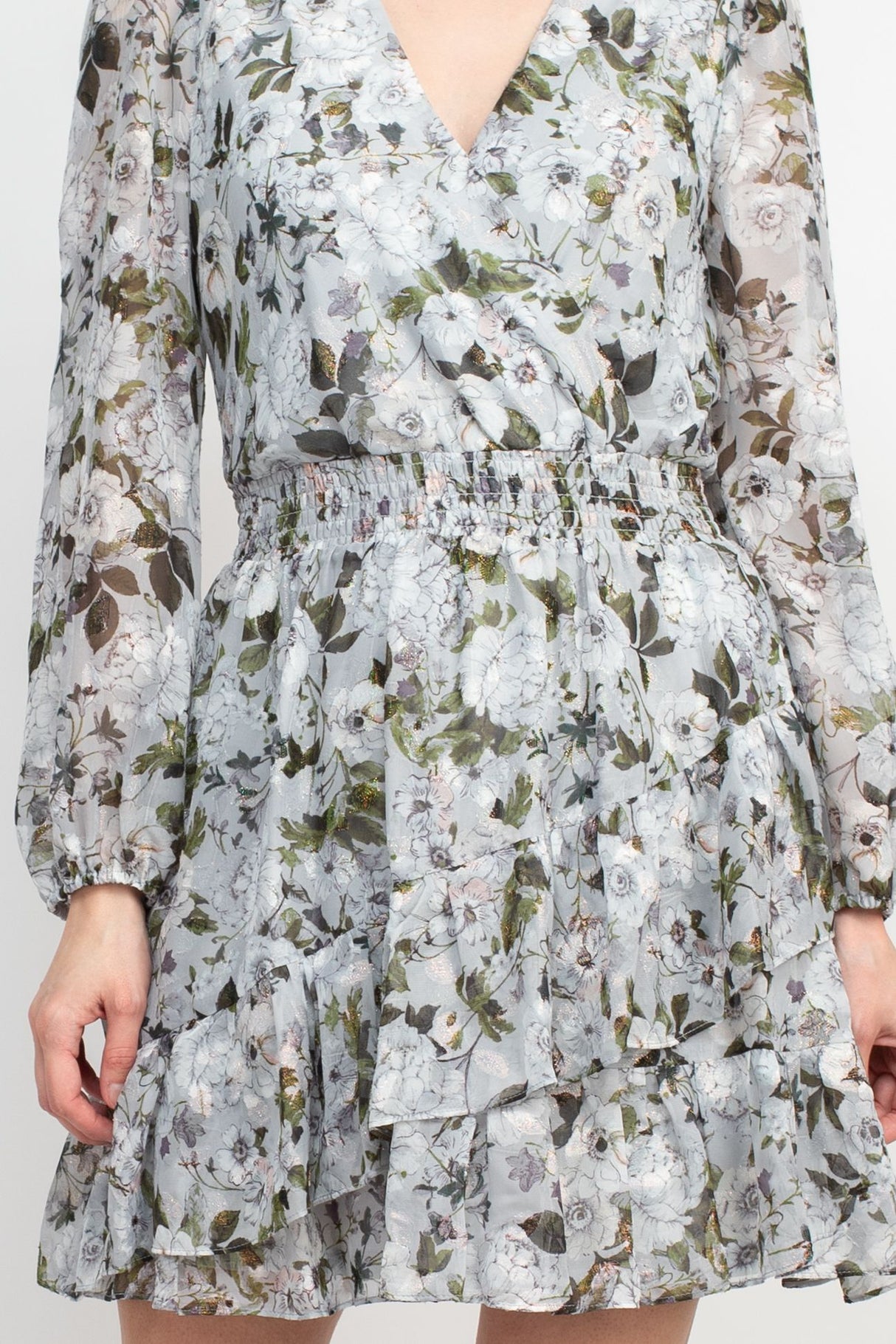 Laundry V-Neck Elastic Cuff Long Sleeve Elastic Waist Tiered Hem Floral Print Chiffon Dress by Curated Brands