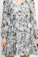 Laundry V-Neck Elastic Cuff Long Sleeve Elastic Waist Tiered Hem Floral Print Chiffon Dress by Curated Brands