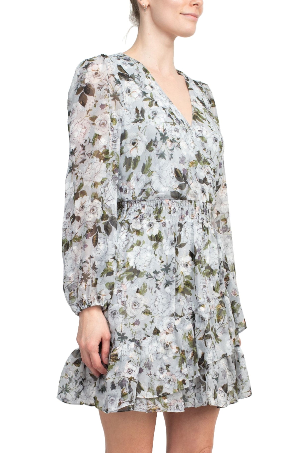 Laundry V-Neck Elastic Cuff Long Sleeve Elastic Waist Tiered Hem Floral Print Chiffon Dress by Curated Brands