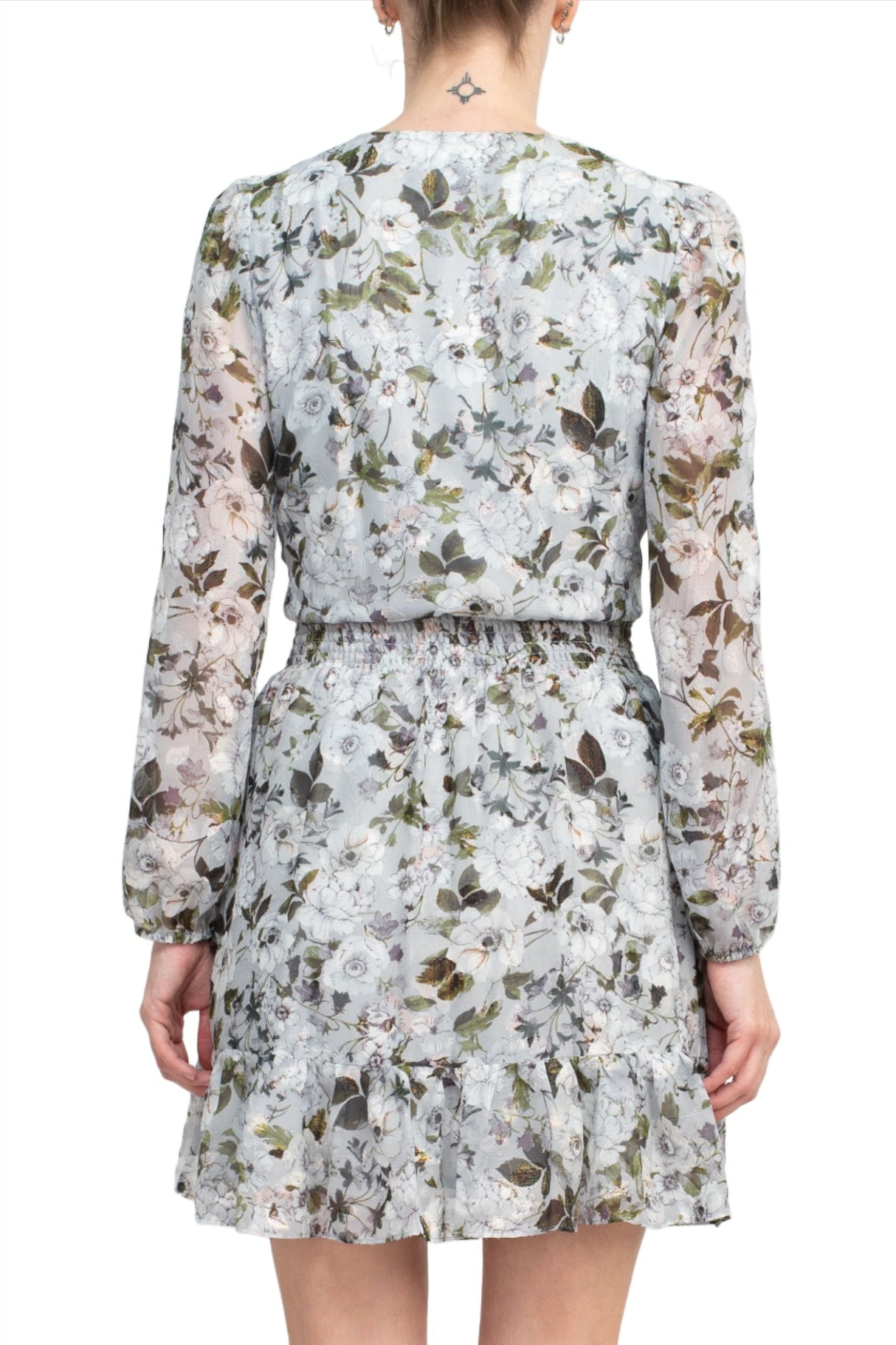 Laundry V-Neck Elastic Cuff Long Sleeve Elastic Waist Tiered Hem Floral Print Chiffon Dress by Curated Brands