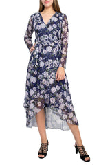 Laundry V-Neck Long Sleeve Tie Waist Floral Print Tiered Power Mesh Dress by Curated Brands