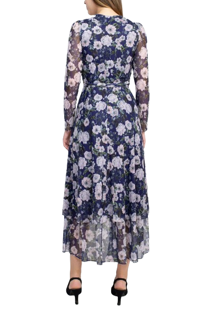 Laundry V-Neck Long Sleeve Tie Waist Floral Print Tiered Power Mesh Dress by Curated Brands