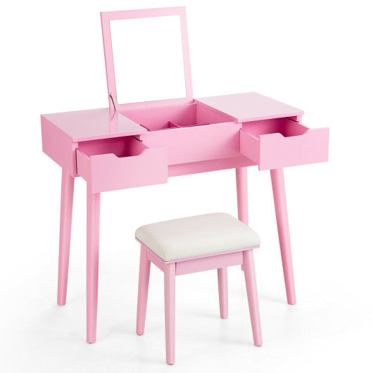 Makeup Vanity Table Set with Flip Top Mirror and 2 Drawers-Pink