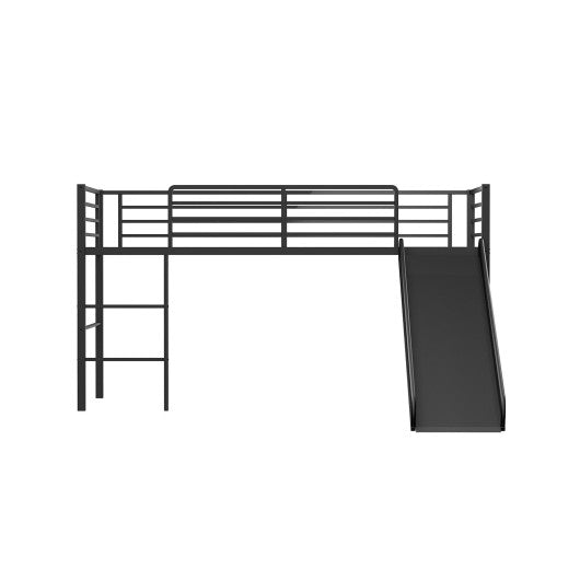 Twin Metal Loft Bed with Slide Safety Guardrails and Built-in Ladder-Black