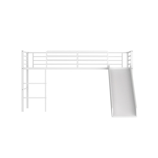 Twin Metal Loft Bed with Slide Safety Guardrails and Built-in Ladder-White