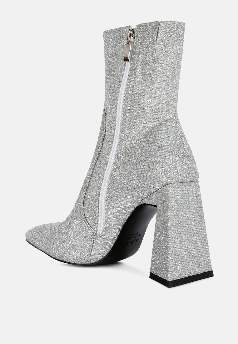 hustlers shimmer block heeled ankle boots by London Rag