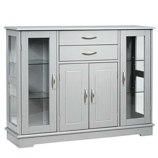 Sideboard Buffet Server Storage Cabinet with 2 Drawers and Glass Doors-Gray