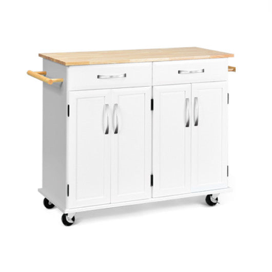 Wood Top Rolling Kitchen Trolley Island Cart Storage Cabinet-White