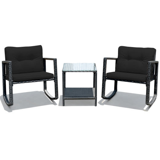 3 Pieces Cushioned Patio Rattan Set with Rocking Chair and Table-Black