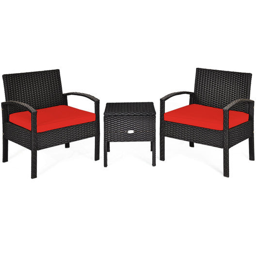 3 Piece PE Rattan Wicker Sofa Set with Washable and Removable Cushion for Patio-Red