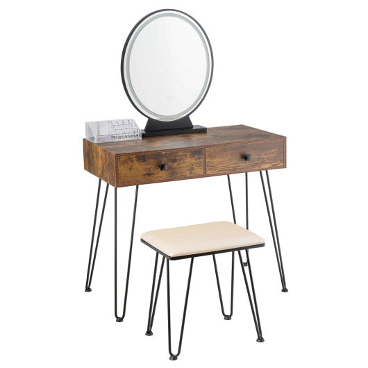 Industrial Makeup Dressing Table with 3 Lighting Modes-Rustic Brown