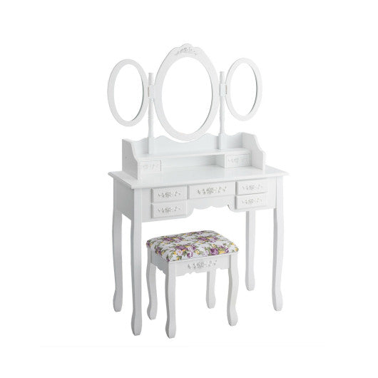 7 Drawer Tri-Folding Mirror Dressing Vanity Makeup Set-White