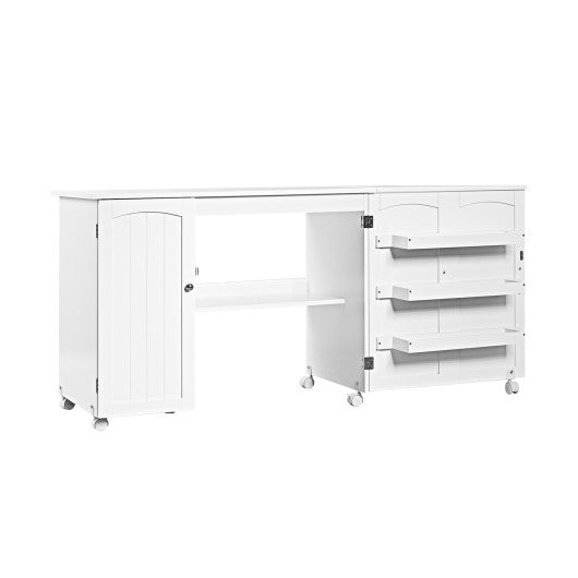 Folding Sewing Table Shelves Storage Cabinet Craft Cart with Wheels-White