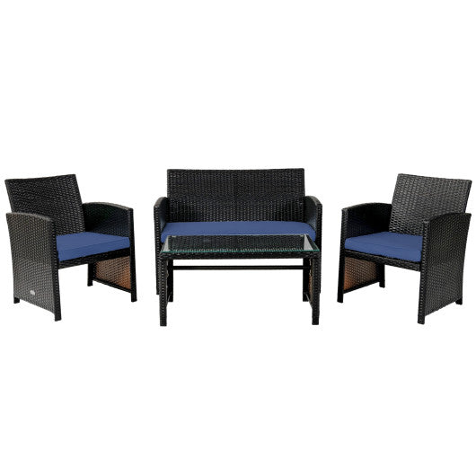 4Pcs Patio Rattan Cushioned Furniture Set-Navy