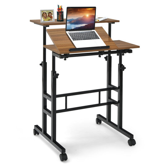 Mobile Standing up Desk Adjustable Computer Desk Tilting Workstation-Walnut