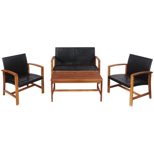 4 Pieces PE Rattan Patio Furniture Set with Solid Acacia Wood