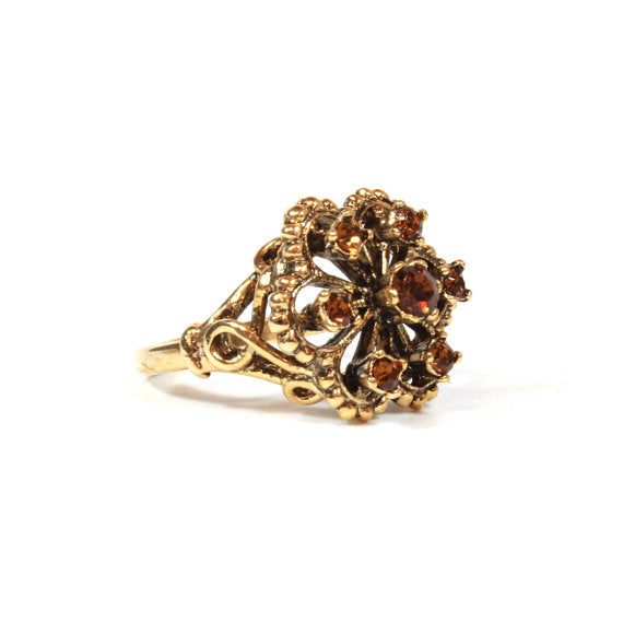 Vintage Citrine Austrian Crystals Filigree Style Antiqued 18k Yellow Gold Electroplated Ring by PVD Vintage Jewelry