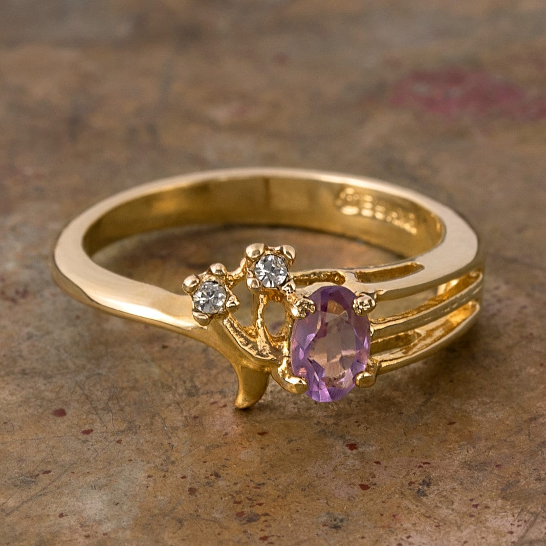 Vintage Ring Genuine Amethyst and Clear Swarovski Crystals 18kt Gold Plated R690 by PVD Vintage Jewelry