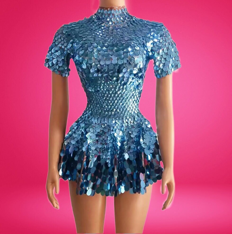 Helen Blue Sequins Party Dress - Bodysuit / Womens Burning Man Outfit NYE Performance Sparkle Club Festival / Metallic Rave Seashells by Manifestie