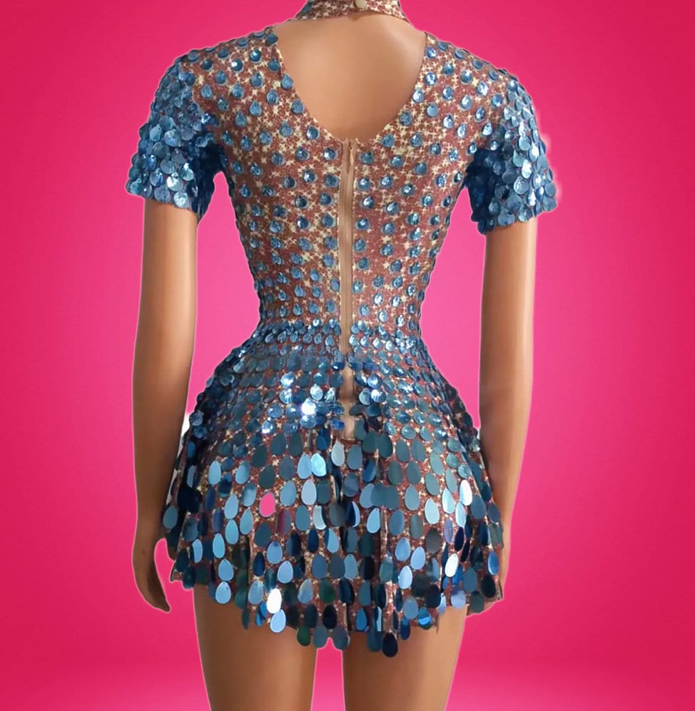 Helen Blue Sequins Party Dress - Bodysuit / Womens Burning Man Outfit NYE Performance Sparkle Club Festival / Metallic Rave Seashells by Manifestie