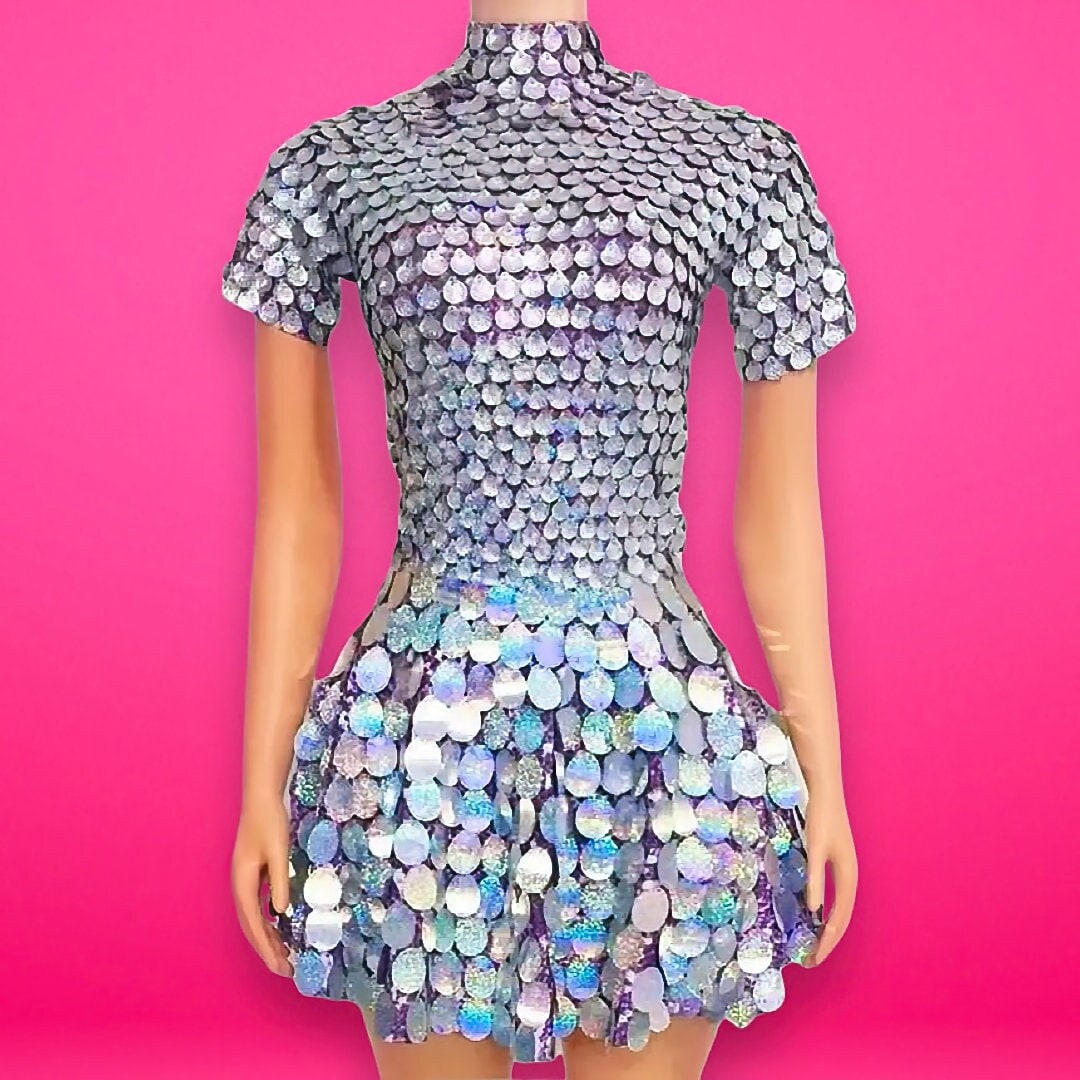 Helen Lilac Silver Iridescent Sequins Party Dress - Mermaid / Womens Burning Man Outfit NYE Sparkle Club Festival / Metallic Rave Seashells by Manifestie