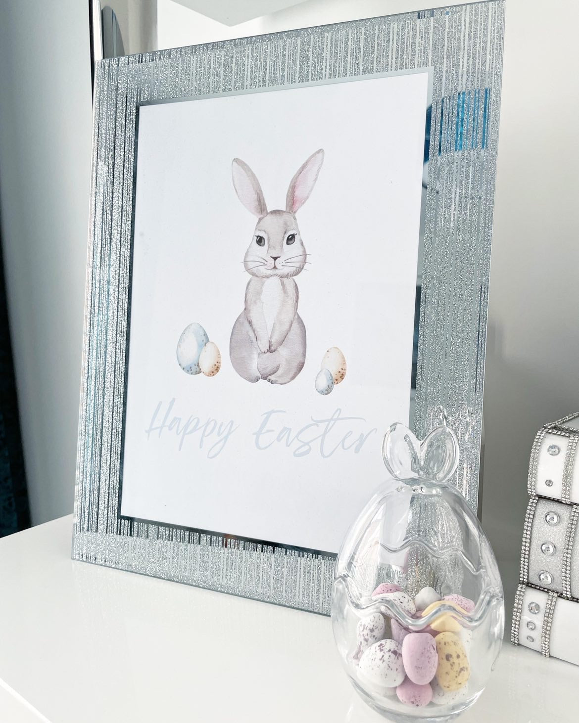 Personalised Blue Wording Bunny Eggs Easter Spring Seasonal Wall Home Decor Print by WinsterCreations™ Official Store