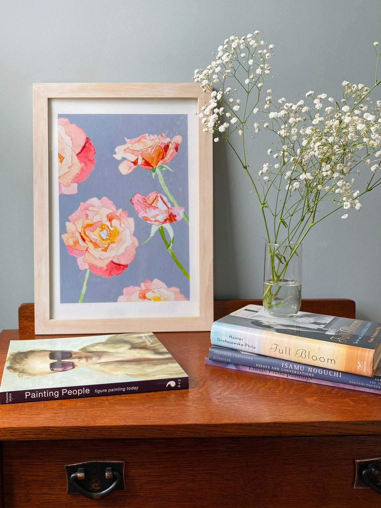 Art Print:  Peach Roses on Grey by India & Purry