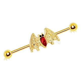 Gold Plated Industrial Barbell with Golden Blood Bat by Fashion Hut Jewelry - Vysn