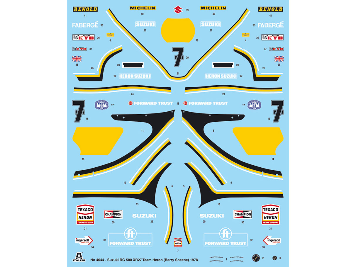 Skill 5 Model Kit Suzuki RG 500 XR27 Motorcycle #7 Barry Sheene "Heron Team" (1978) 1/9 Scale Model by Italeri