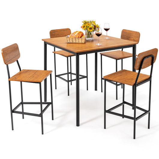 5-Piece Industrial Dining Table Set with Counter Height Table and 4 Bar Stools-Walnut