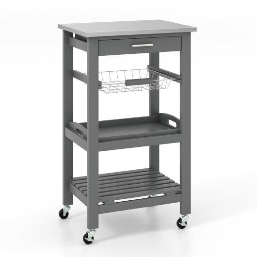 Kitchen Island Cart with Stainless Steel Tabletop and Basket-Gray