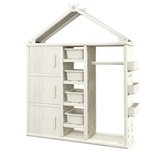 Kids Costume Storage Closet with Storage Bins and Shelves and Side Baskets for Kids Room-White