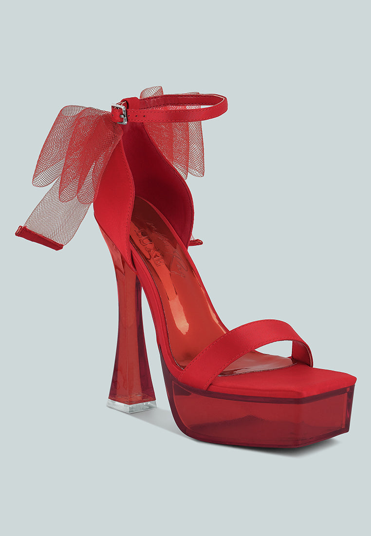 kiri satin clear high heeled bow sandals by London Rag