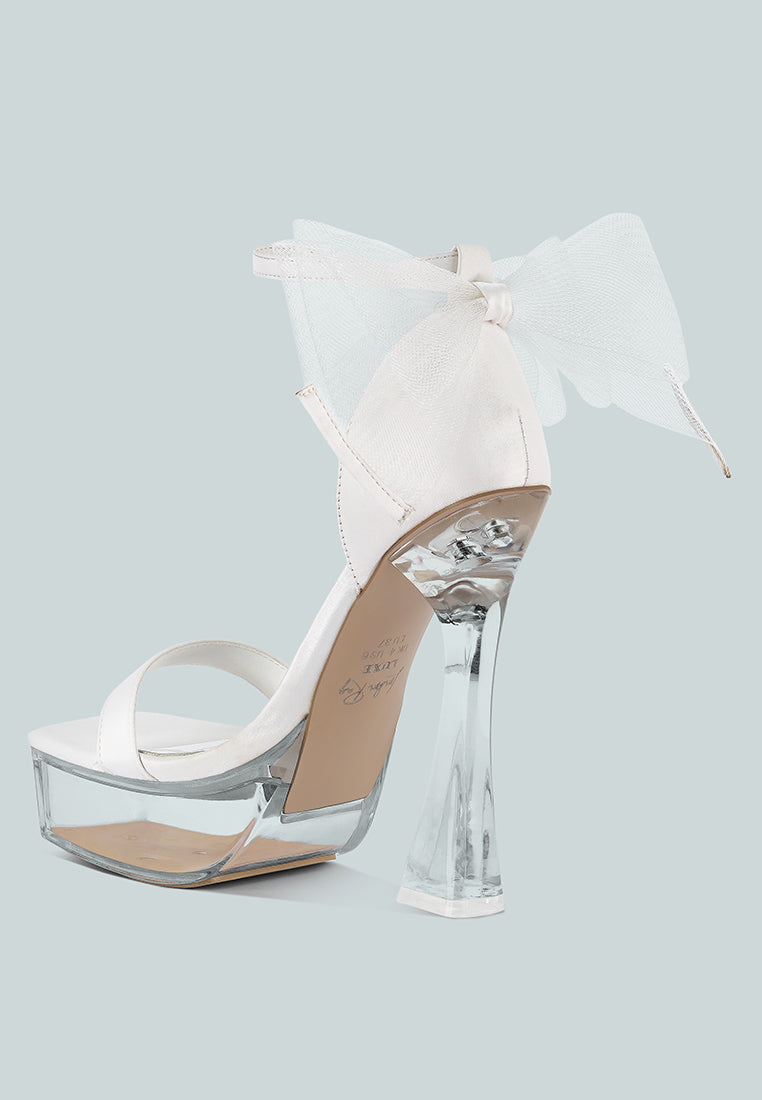 kiri satin clear high heeled bow sandals by London Rag