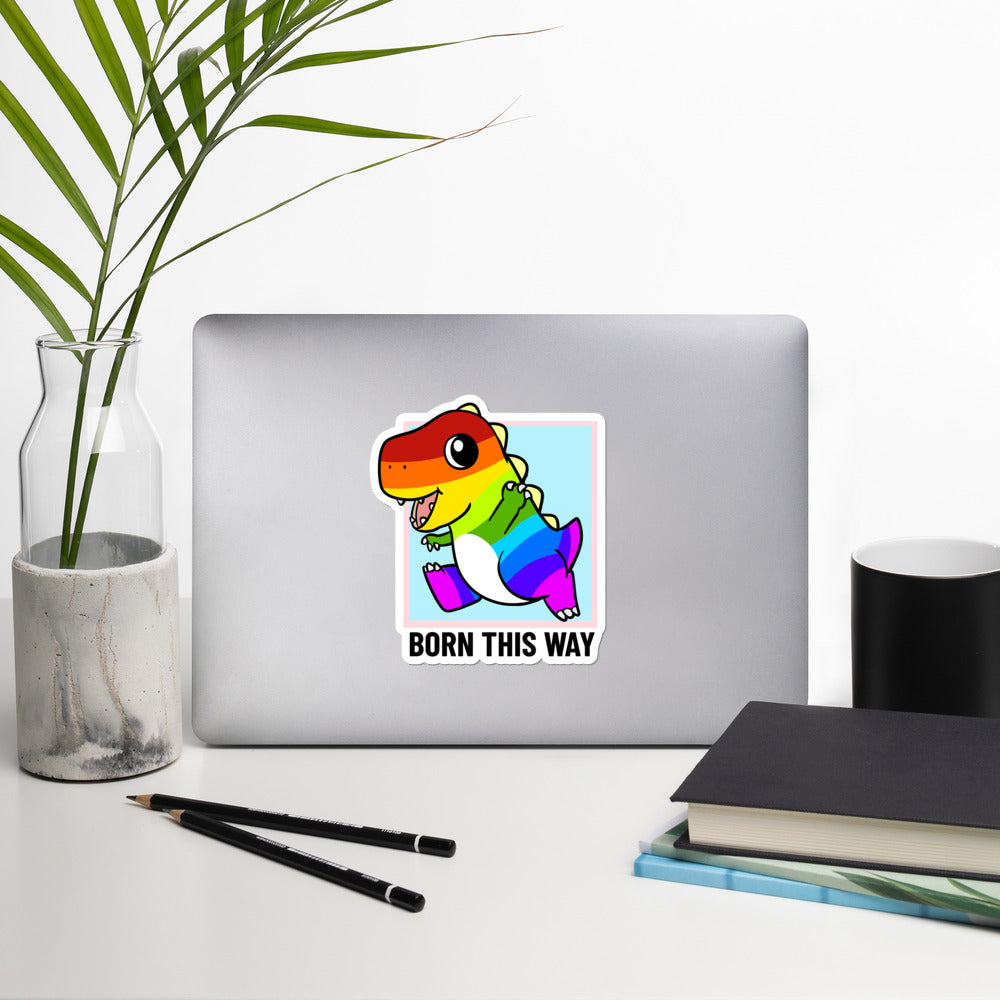 Born This Way LGBT Pride Cartoon Dinosaur Bubble-free stickers by Proud Libertarian