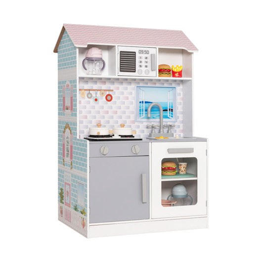 2-In-1 Double Sided Kids Kitchen Playset and Dollhouse with Furniture