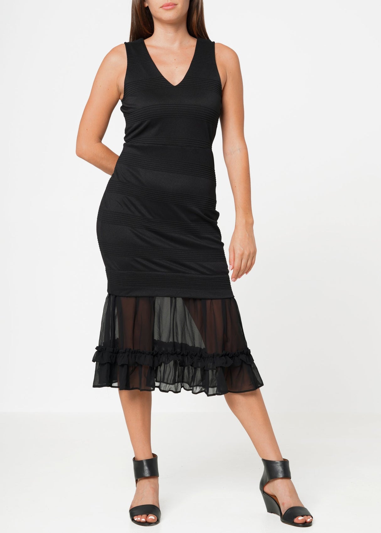 Sleeveless V-neck Sheer Ruffle Hem Bodycon Dress In Black by Shop at Konus