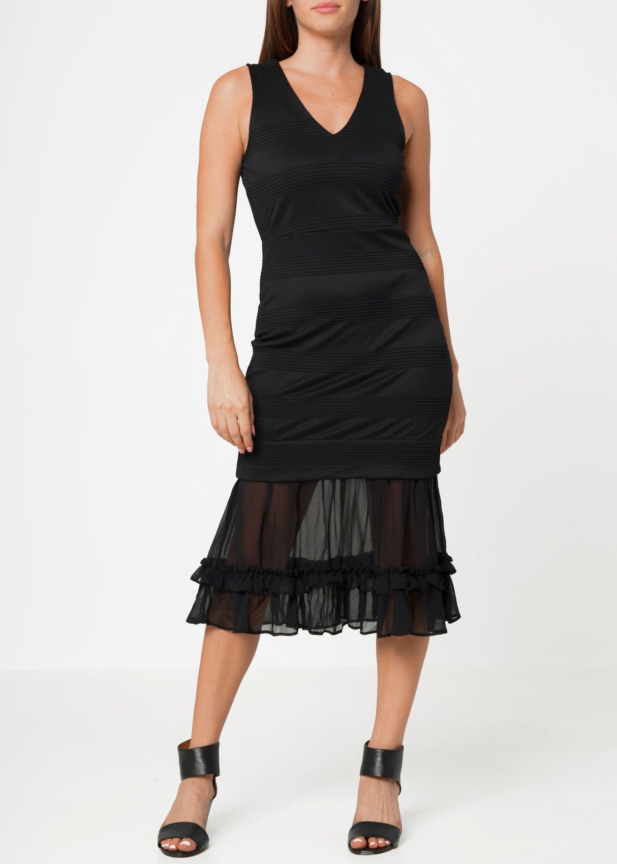 Sleeveless V-neck Sheer Ruffle Hem Bodycon Dress In Black by Shop at Konus