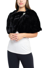 Nina Leonard Crew Neck Cape Sleeve Embellished One Button Solid Faux Fur by Curated Brands